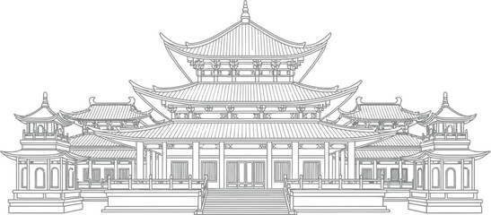 Chinese Temple Line Art, Traditional Architecture on White