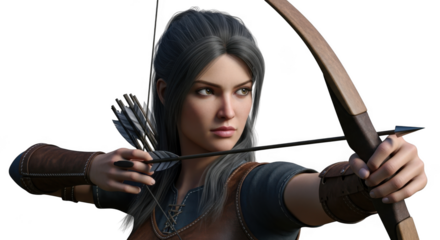 Female Archer Aiming with Bow and Arrow – Warrior Woman Archery Pose Isolated on Transparent Background