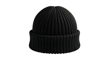A solitary, black, ribbed knit hat, set against a pure black background