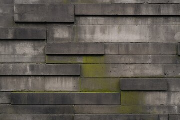 Textured concrete wall with green moss patches, showcasing urban decay and nature's reclaiming process