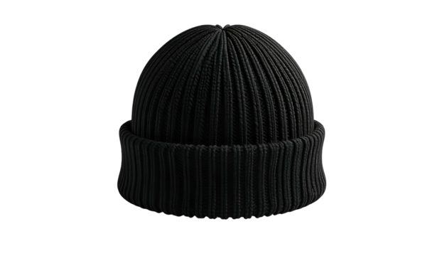 A solitary, black, ribbed knit hat, set against a pure black background