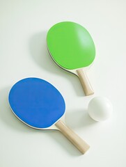 Two ping pong paddles, lime green and blue, with a white ball, on a white background