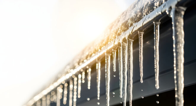 Melting icicles dripping from metal roof in bright winter sunlight   - Powered by Adobe