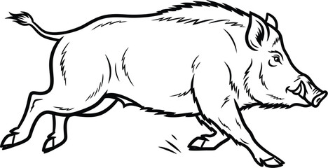Running wild boar, black and white line drawing on white