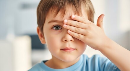 Young boy covering one eye. Child vision test. Pediatric ophthalmology concept for eye care, examination, vision impairment.