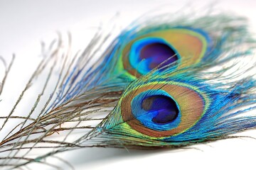 Fototapeta premium Two vibrant peacock feathers isolated on white background