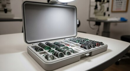 Box with trial lens set for refraction test at an optometry clinic. Professional eye care for vision assessment and correction.