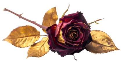 A close-up of a dark rose with golden leaves and stem, isolated on black