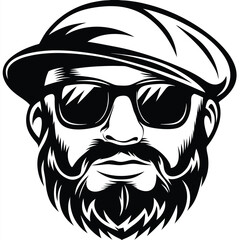 Monochrome bearded man wearing sunglasses and a cap exudes confidence through his stylish persona