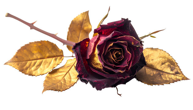 A close-up of a dark rose with golden leaves and stem, isolated on black
