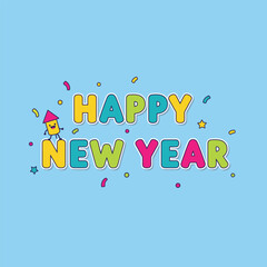 Playful Happy New Year Doodle illustration with Festive Cartoon Characters