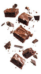 Falling chocolate brownies with crumbs isolated on a transparent white background, clipping path