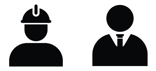 Vector icon showing engineer with safety helmet and businessperson in suit symbolizing teamwork, collaboration between technical and management professionals, leadership, industry partnership concept.