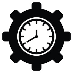 Black and white vector icon of clock inside gear symbolizing time management, productivity, schedule optimization, industrial process control, efficiency, and mechanical operation concept.