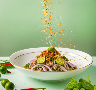 laos labirin salad with fresh herbs, red onions, sliced lime, mint, chili peppers, and toasted crushed peanuts falling from above into a white bowl, presented against a vibrant green background, perfe