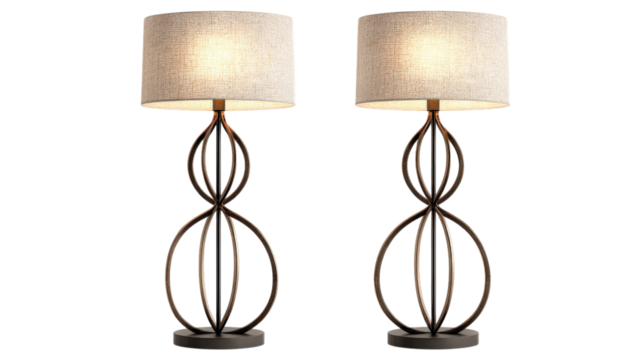 Elegant Table Lamps Pair with Beige Shades and Twisted Bronze Metal Base on Checkered Backdrop