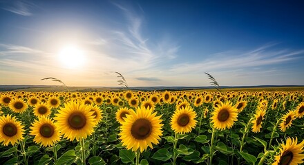 Fototapeta premium Endless sunflower field under a beautiful blue sky at sunset