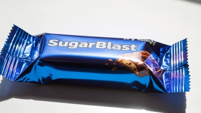 Blue-wrapped chocolate bar, partially unwrapped, showing layered confectionery inside