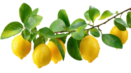 Fresh Lemons on Branch Citrus Tree Green Leaves Water Droplets Vitamin C Rich