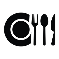 Black and white vector icon of plate with fork, spoon, and knife symbol representing restaurant, dining, food service, culinary art, meal preparation, hospitality, and kitchen utensils concept.