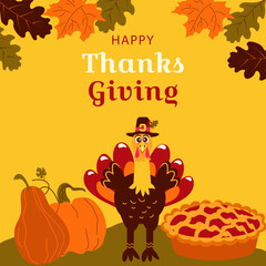 Thanksgiving Day. Traditional holiday in United States and Canada. Bright Thanksgiving Day background.Template vector illustration for invitation card, cover, a poster, banner, greeting card, flyer