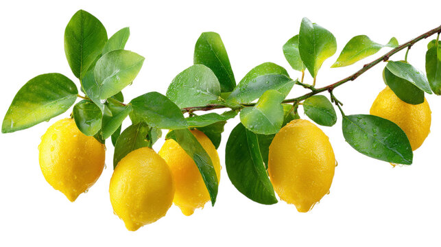 Fresh Lemons on Branch Citrus Tree Green Leaves Water Droplets Vitamin C Rich