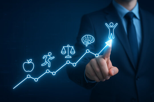 Businessman pointing to a rising line graph displaying icons related to well-being: apple, running man, scale of justice, brain, and happy figure, symbolizing business growth, wellness
