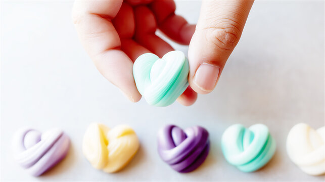 Hands holding colorful heart-shaped candies, concept of love, sweetness, care, and friendship.