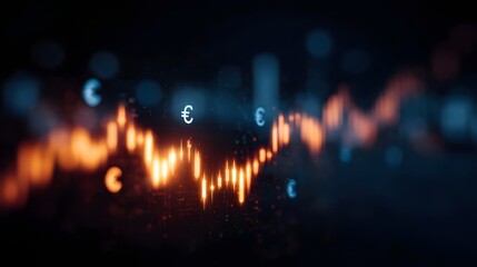 Glowing digital interface showing financial market trends with Euro currency symbols