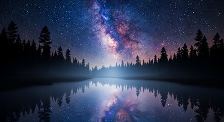 Milky way above forest reflected in calm lake surface
