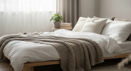 Minimalist bedroom interior with bed and blanket