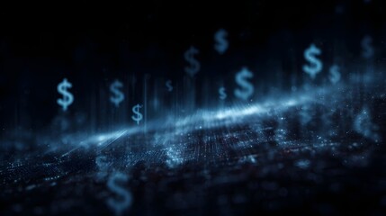 Abstract dark digital network background with numerous glowing blue dollar signs symbolizing finance technology and virtual currency in a futuristic
