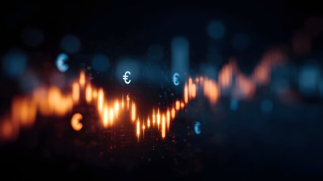 Glowing digital interface showing financial market trends with Euro currency symbols