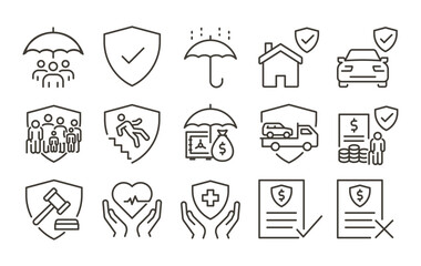 Insurance and financial protection icon set. Thin line editable stroke icons for health, life, property, car, and family insurance — covering safety, risk management, support, and financial stability.