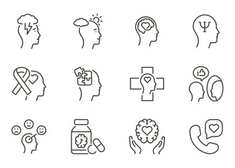 Mental health and emotional wellbeing icon set. Thin line editable stroke icons for psychology, therapy, depression, anxiety, mindfulness, brain care, emotional support, and self-awareness.