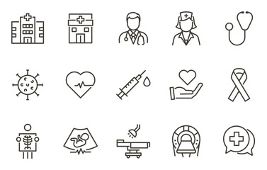Healthcare and medical services icon set. Thin line editable stroke icons for hospital, doctor, nurse, treatment, vaccination, diagnosis, health monitoring, and patient care.