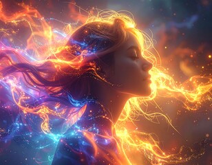 Portrait of woman surrounded by ethereal flames and sparkles
