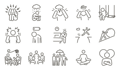 Stress, anxiety, and mental balance icon set. Thin line editable stroke icons for depression, burnout, therapy, resilience, mindfulness, meditation, emotional support, and self-care.