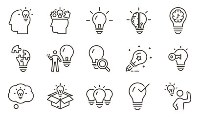 Creativity, innovation, lightbulbs and ideas icon set. Thin line editable stroke icons for brainstorming, imagination, design thinking, creative process, invention, inspiration, and problem solving.