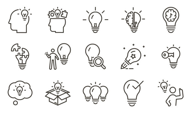 Creativity, innovation, lightbulbs and ideas icon set. Thin line editable stroke icons for brainstorming, imagination, design thinking, creative process, invention, inspiration, and problem solving.