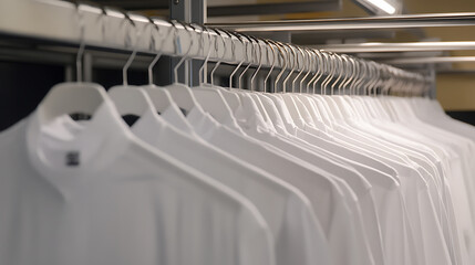 Fototapeta premium Row of white shirts hanging neatly on a metal rack, illuminated by a soft light, showcasing organization and minimalism. The focus is on the clean lines and pristine texture.
