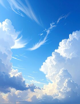 A clear blue sky with puffy white clouds