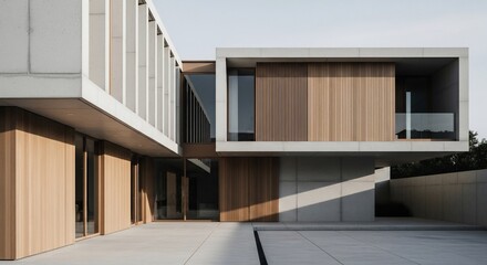 Modern architecture exterior with wood and concrete accents