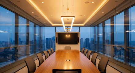Modern conference room interior with city view