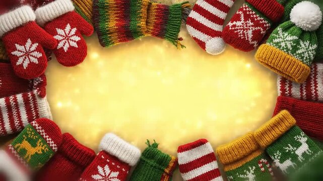 cozy animated frame of knitted mittens scarves and hats in holiday patterns forming a looping border that leaves a warm center for messages