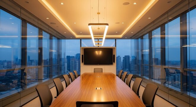 Modern conference room interior with city view - Powered by Adobe