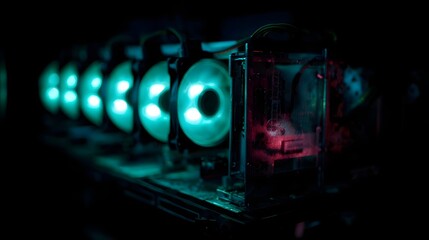 Cryptocurrency mining rig with glowing green fans and red lit circuit boards in a dark room
