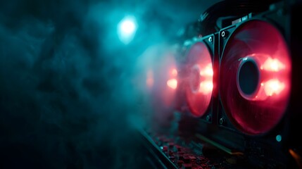 Close up of computer hardware with glowing red fans and atmospheric blue smoke symbolizing powerful computing