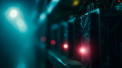 Rows of high performance computer hardware likely for cryptocurrency mining with glowing red indicator lights in a dark industrial facility