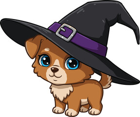 Cute puppy wearing a witch hat — adorable Halloween dog illustration perfect for stickers, prints, and festive digital art